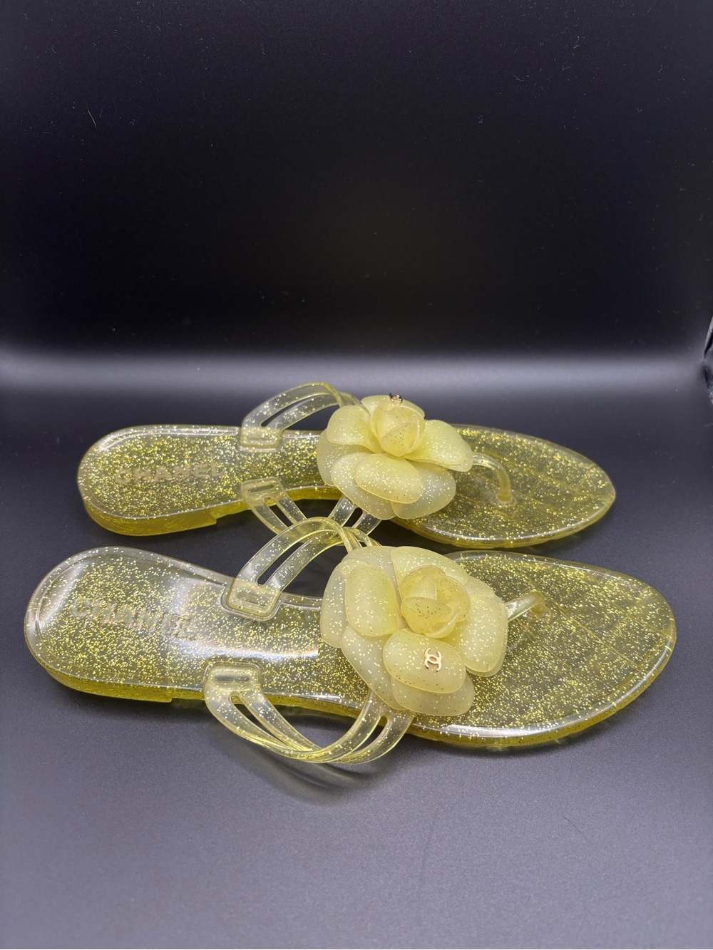 CHANEL Yellow Glitter Camellia Jelly Sandals for Women